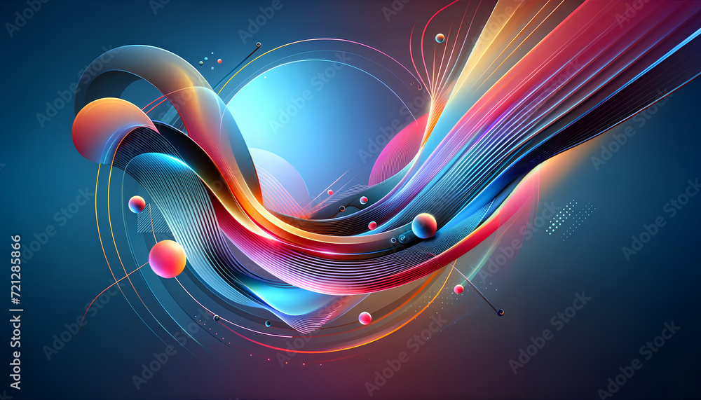 Wall mural vibrant abstract digital art with fluid waves and glowing spheres on gradient background. ai generat