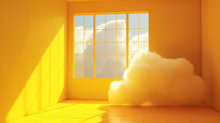 3D render yellow background. Abstract minimalism with clouds. Image features a creative 3D rendering of a yellow backdrop with white clouds emanating from a tunnel, creating a visually captivating and