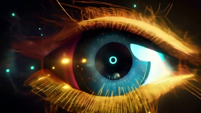 Modern blue eye in golden rays on a dark background in a futuristic style