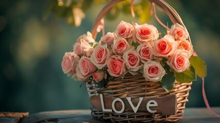 bouquet of pink roses in a basket, roses in bamboo basket written love on basket 