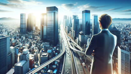 A young businessman looks at a huge metropolis city, realizing the magnitude of his capabilities. Concept for promotional materials for development companies, courses for entrepreneurs. AI Generative.