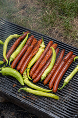 Green peppers and pork sausages on the barbecue grill. Fresh anaheim chili peppers roasting over a charcoal fire. Cooking peppers at the barbecue. Cayenne pepper.