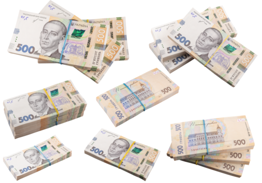 Stack of ukrainian money hryvnia grivna, hryvna with 500 banknotes. Collection.