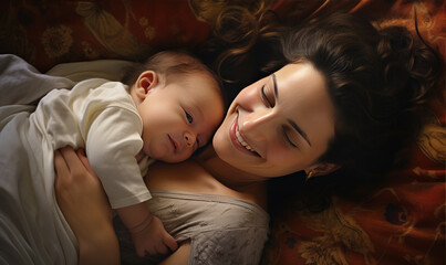 Beautiful young mom and her cute baby  in bed