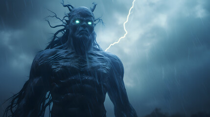 Obraz premium Demon with blue lightning, devil. Neural network AI generated art