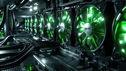 A robust graphics card boasting large, powerful fans illuminated by vibrant neon lights. - obrazy, fototapety, plakaty