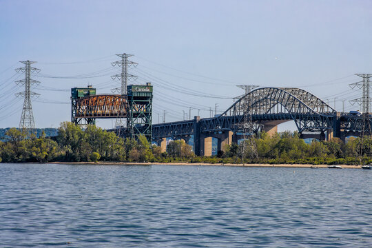 Lift bridge in up position for a ship crossing through the Burlington canal, ON, Canada