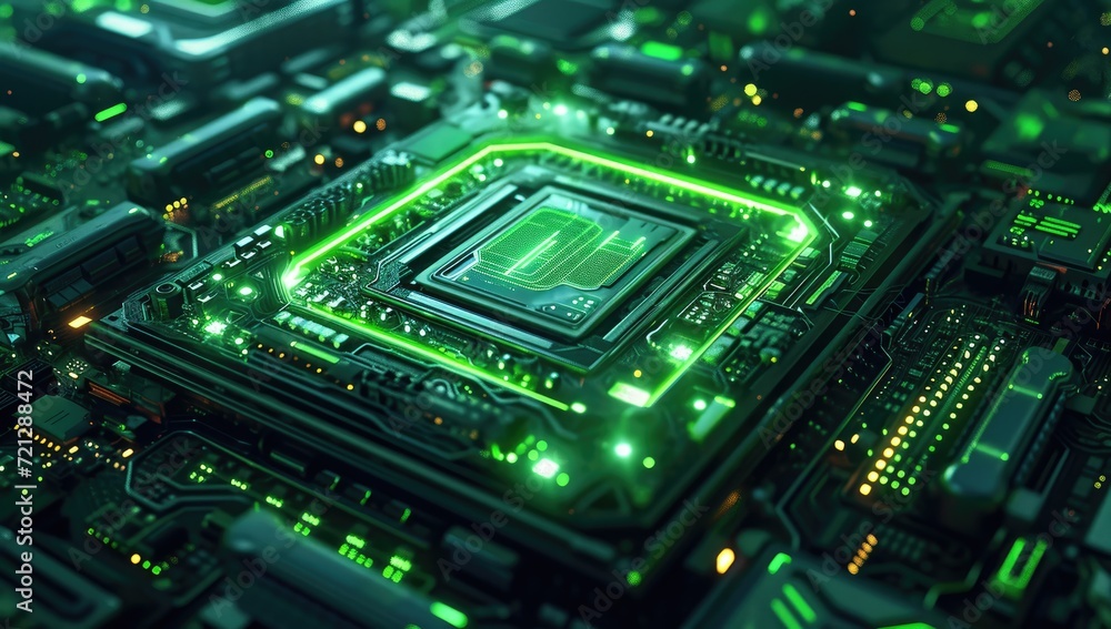 Poster an electronic circuit board serves as the backdrop, symbolizing central computer processors within t