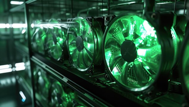 A robust graphics card boasting large, powerful fans illuminated by vibrant neon lights.