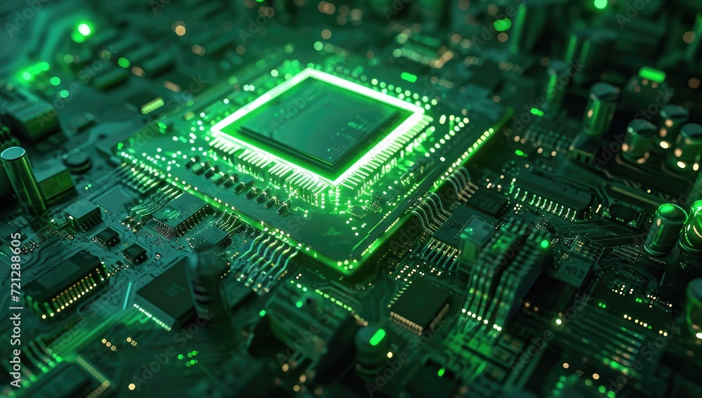 Poster an electronic circuit board serves as the backdrop, symbolizing central computer processors within t