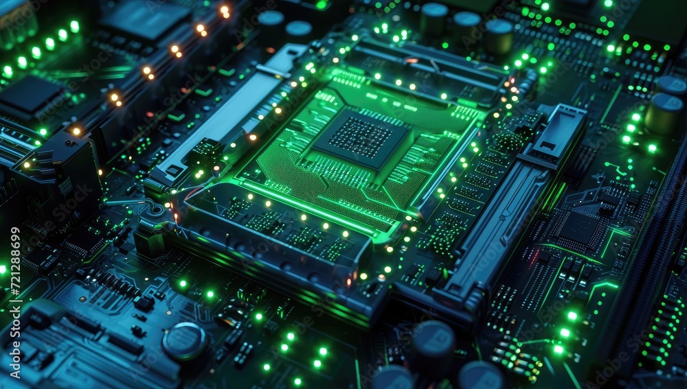 Poster an electronic circuit board serves as the backdrop, symbolizing central computer processors within t