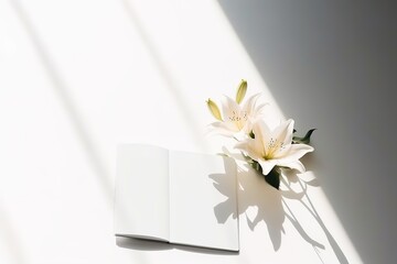 Modern workspace with notebook and flowers on a white desk with sunlight casting shadows.