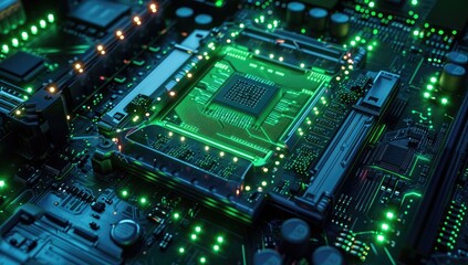 Fototapeta premium An electronic circuit board serves as the backdrop, symbolizing central computer processors within the realm of technology.
