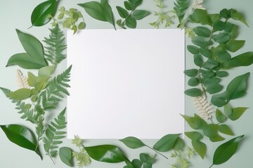 Naklejka premium Flat lay composition with green leaves and white blank card on a pastel background.
