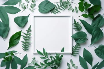 Flat lay composition with green leaves and white blank card on a pastel background. - obrazy, fototapety, plakaty