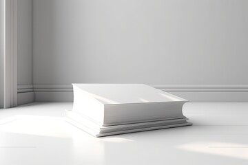 Minimalistic white room with a blank book on the floor, soft natural light, copy space.