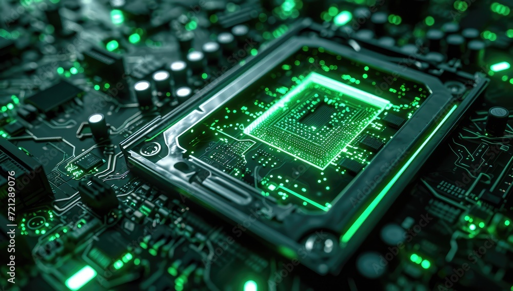 Poster an electronic circuit board serves as the backdrop, symbolizing central computer processors within t
