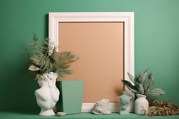 Minimalist home decor with a blank frame, potted plants, and a classical bust on a wooden shelf against a green wall.