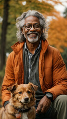 Vertical image of a cheerful retired senior african american man smiling with his dog enjoying time in a park.