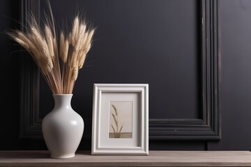Elegant home decor with vases and picture frames on a white shelf against a dark gray wall.