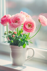 White vase with delicate pink ranunculus on a windowsill.