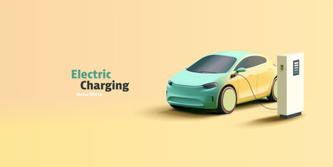 Electric Vehicle at charging station 3d render illustration. Modern SUV simplified car illustration and power station to recharge
