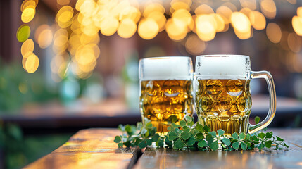 Two glasses of beer and shamrock leaves stand on a wooden table outdoor against bokeh background. St Patrick Day concept. Copy space. - obrazy, fototapety, plakaty