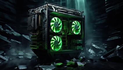 The graphics card features oversized fans, accentuated by bright neon lighting.