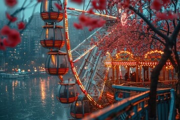 A romantic Ferris wheel ride with the city lights in the background