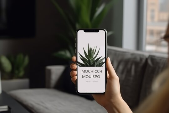 Hand holding smartphone with plant image on screen, cozy home interior background.