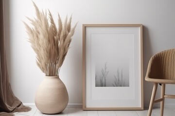 Minimalist interior with pampas grass in vase and framed wall art.