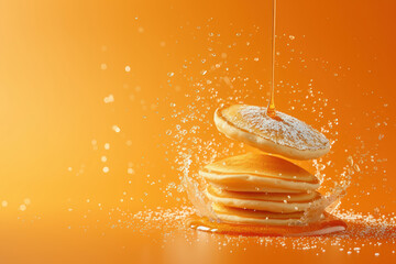 pancakes with flying syrup and powdered sugar, orange pastel background   - obrazy, fototapety, plakaty