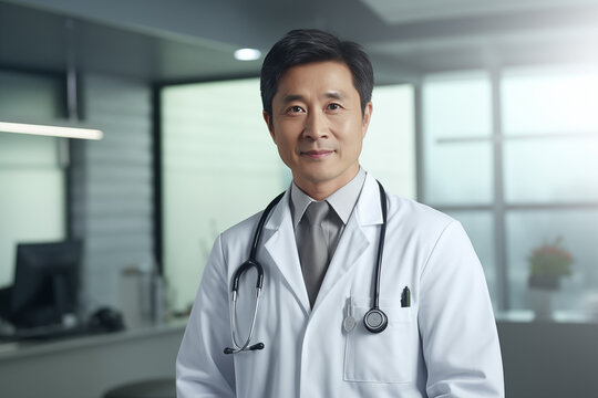 Asian smiling doctor. World of Medicine. Personal care profession. Medical studies. China. Japan. AI.