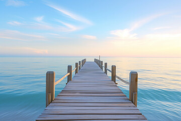 Dock leading into clear blue waters. Serene waterfront scene. Ideal image for conveying a tranquil...