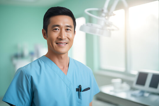 Asian smiling doctor. World of Medicine. Personal care profession. Medical studies. China. Japan. AI.