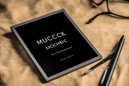 Digital tablet with blank screen on a dark marble surface, accompanied by a stylus and pencils, ideal for mockup designs.