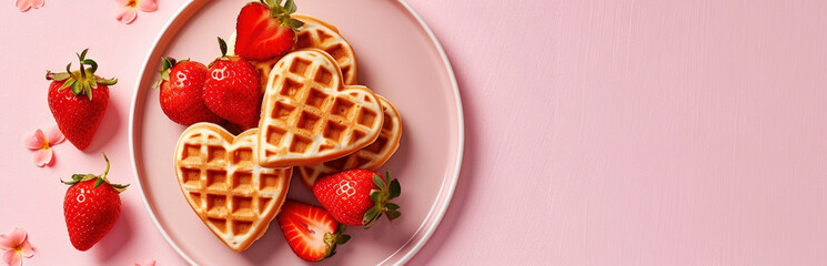 Valentine day breakfast with heart shaped waffles and strawberries in plate on pink background. Generative AI - obrazy, fototapety, plakaty