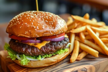 tempting burger and crispy fries on plate, Generative AI