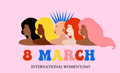 8 march. Happy women's day card with Five women of different ethnicities and cultures stand side by side together. Women's History Month banner. Flat vector illustration.