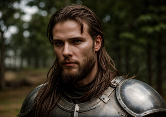 Close-up portrait of a male warrior in the forest. Generative AI
