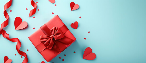 Valentine's Day git box with hearts and ribbons on blue background. Banner design. Generative AI