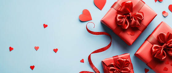 Red gift boxes with hearts on pastel blue background. Happy Valentines Day banner design. Generative AI