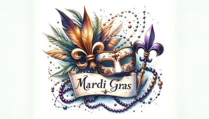Illustration of Mardi Gras scene with a mask, beads and fleur de lis.