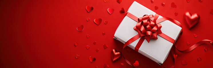 White gift box with red ribbon bow and hearts on red background. Valentine's Day holiday banner. Generative Ai - obrazy, fototapety, plakaty
