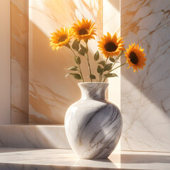 Elegant white Vase With sunflowers on a Marble Background in a Studio Setting