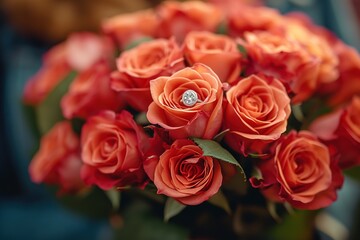 A surprise proposal with a ring hidden in a bouquet of red roses