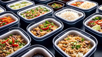 Fototapeta premium Food in lunch boxes, delicious food for your table for advertising
