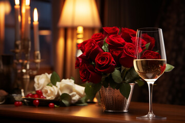 Fototapeta premium 3d Red rose and gift box with a small heart lie on the book spread. Side view. Close-up. Natural daylight. Image can be used for Valentine's Day, Women's Day, weddings, anniversaries generative Ai