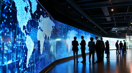 People in business attire observe a large, curved digital world map display in a dark room