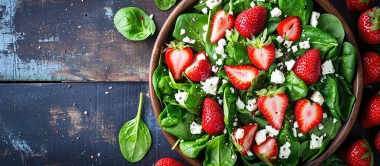 Salad with strawberries, spinach, and feta on table.